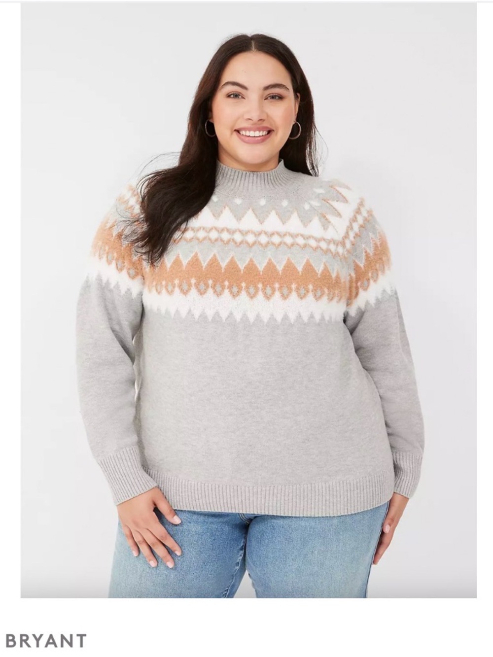 Lane Bryant Grey Fair Isle Turtleneck Sweater with Tan & White Pattern